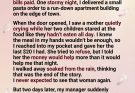 I gave a struggling mother my last $20. Two days later, she was sitting in my manager’s office—and what she offered me changed my life forever.